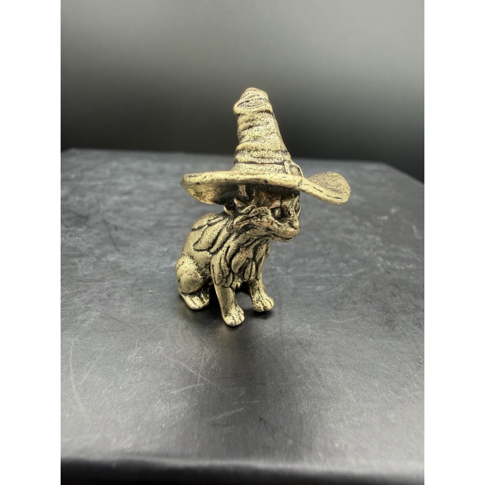 🐈⬛🎩 Mini Brass Cat With Witches Hat Figurine Halloween Collectible ✨🐾